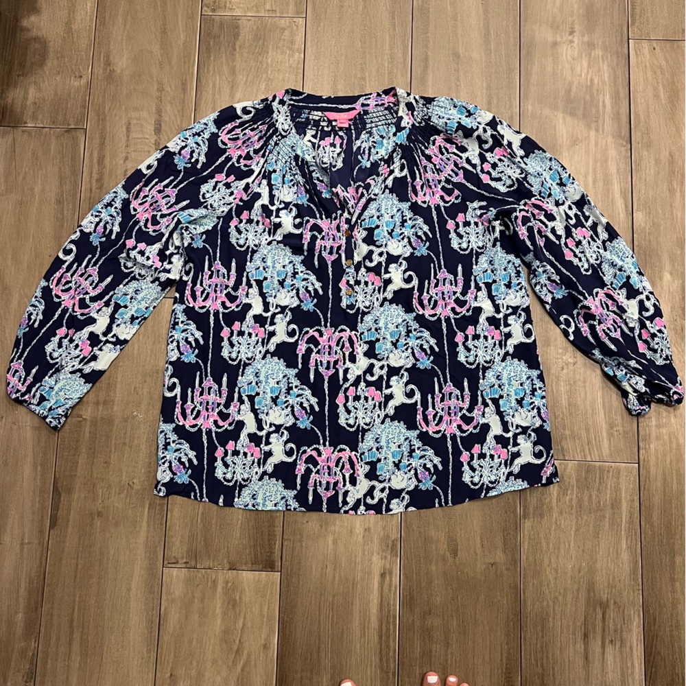 Lilly Pulitzer Elsa Silk Top Black- Monkey & Chandelier Print
